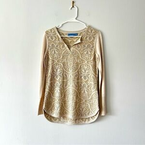 Simply Vera Vera Wang Gold Metallic Damask Knit Henley Sweater Petite Medium